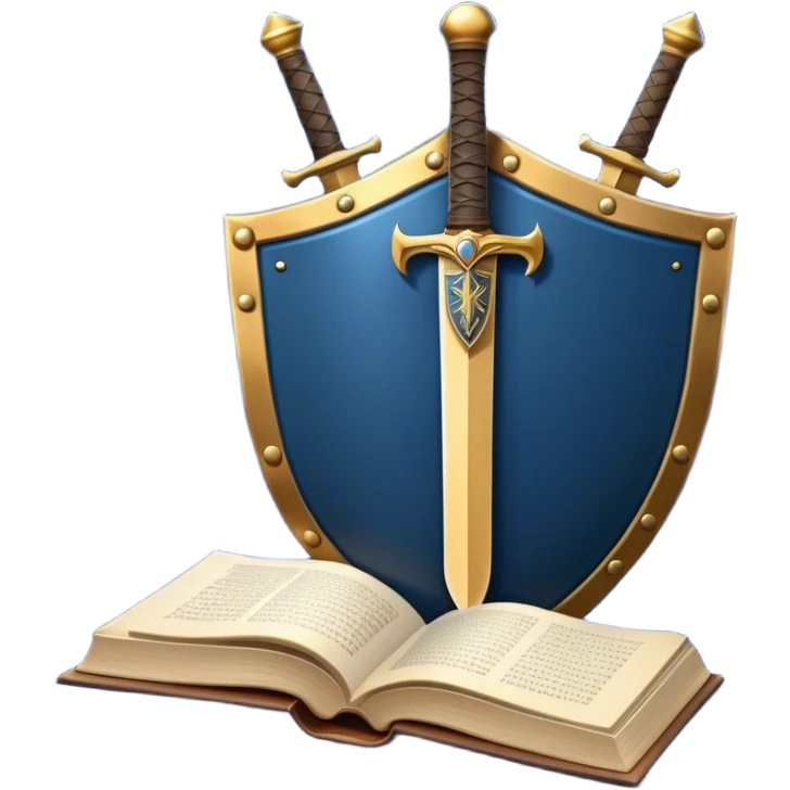 Description: shield with open book in front of it, a sword behind the shield
Color palette: Deep blue background, gold/bronze metallic details 
 emoji