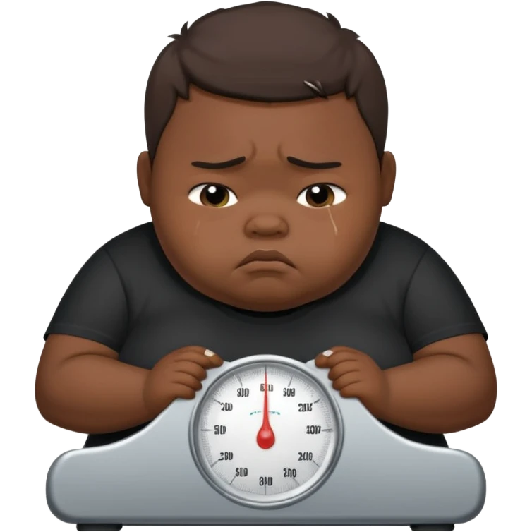 sad fat young boy in black t shirt on weight scale crying because sadness emoji