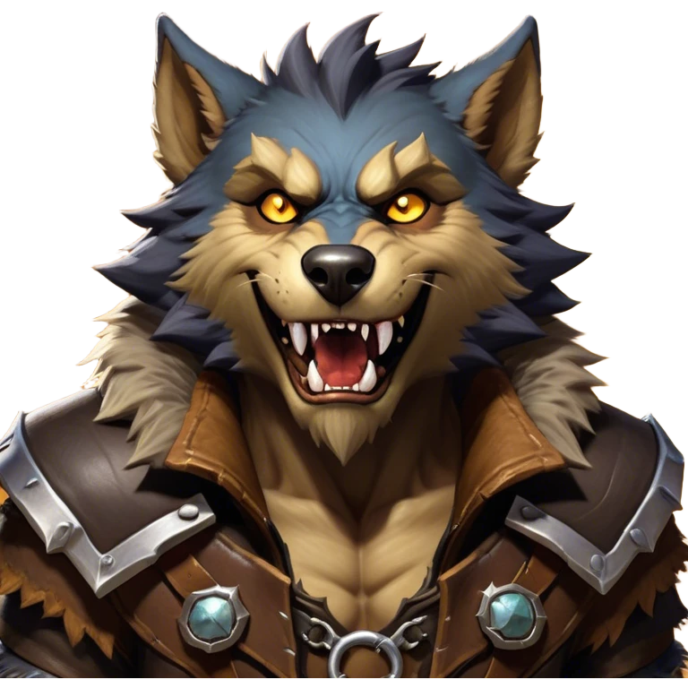 Cinematic Realistic WoW Worgen Portrait, head tilted dramatically with an exaggeratedly amused expression, blending ferocious beastliness with a touch of unexpected humor. His rugged fur, tanned skin, and worn leather garments are rendered with meticulous detail and dynamic lighting, high shine, dramatic yet whimsical, capturing the essence of a worgen whose epic might is tempered by a playful, irreverent charm. emoji