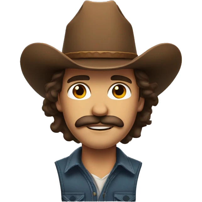 Man with long wavy brown hair, brown eyes, moustache and Cowboy hat emoji