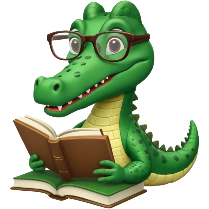 A claymation alligator with a book and glasses. The background is a solid white circle emoji