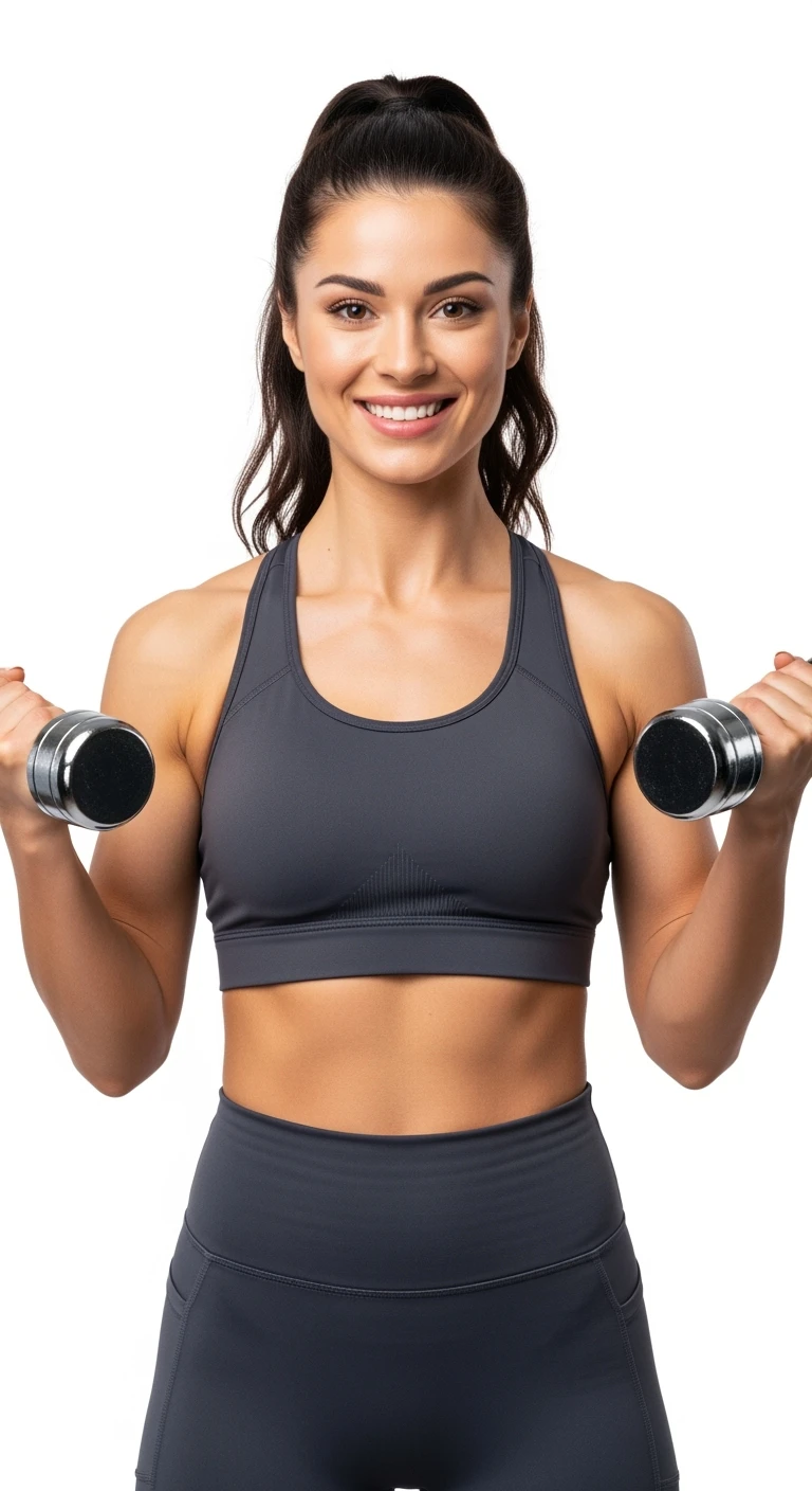 donna fitness felice con manubri da palestra in mano, iperrealistico 4k, sfondo bianco emoji