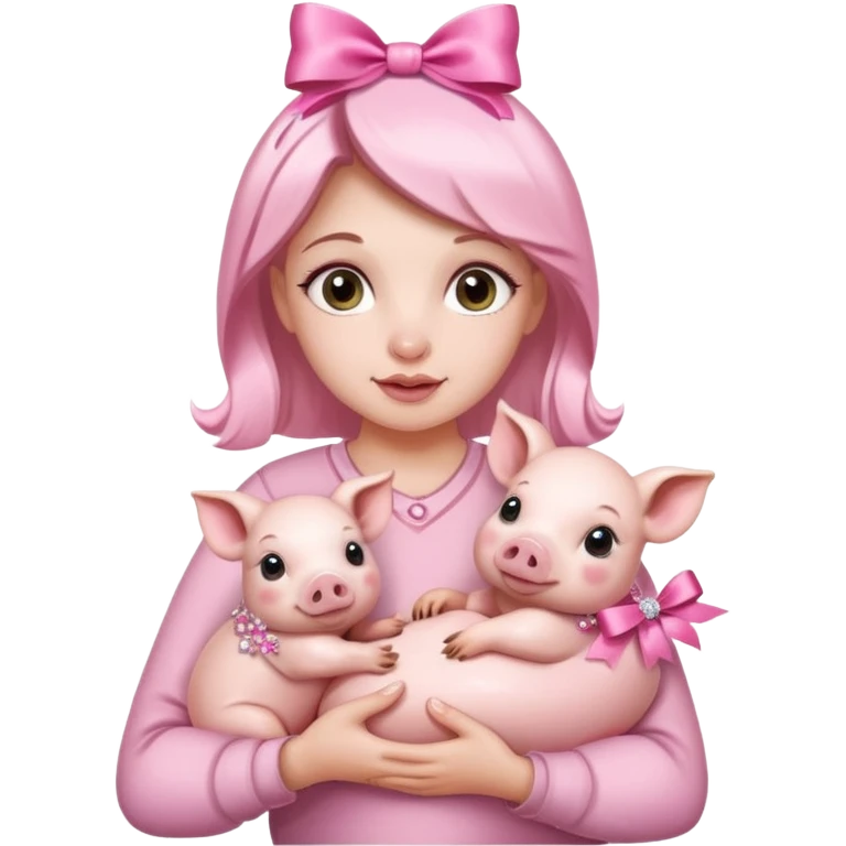 woman holding baby pigs with ribbons and crystals emoji