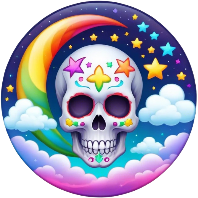 Beveled button with Neon rainbow colored damask style skull moon with stars and clouds in the center emoji