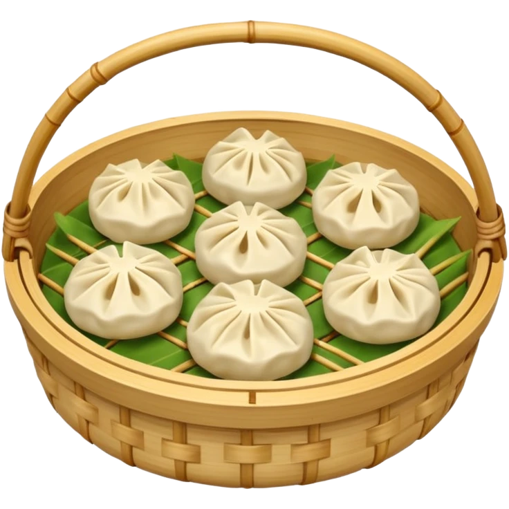 ["Four steamed dumplings in a bamboo steamer basket."] emoji