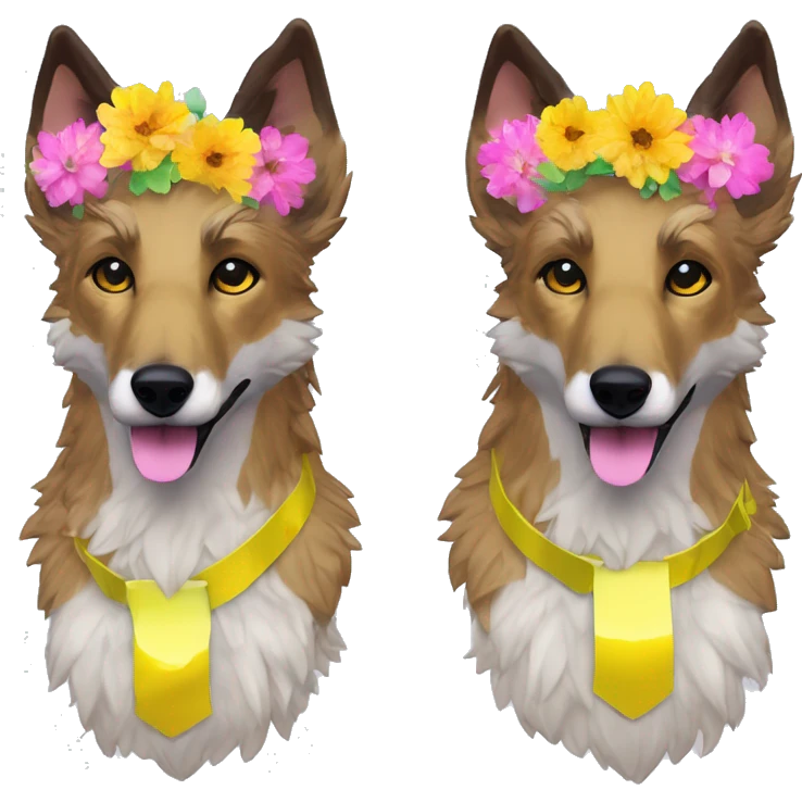  brindle fluffy lurcher Alsatian fox running blue eyes fluffy ears and iridescent holographic oilslick harness wearing paper flower crown yellow caution tape neon sign emoji