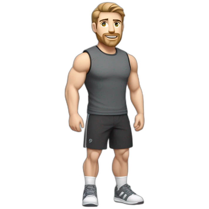 Full height Pale skinned muscular man With Realistic eyes and mouth, light brown hair and stubble In dark gray sleeveless mike, black oversize sports shorts, watch and white sneakers. emoji