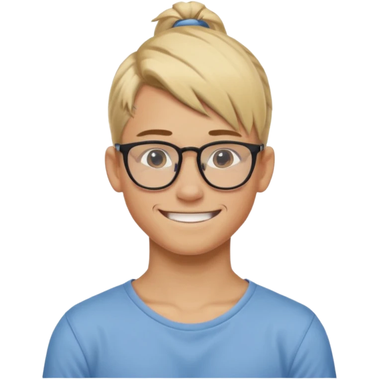 blond hair teen boy pony tail undercut with tattoo on his neck, wearing glasses, strong built, smile warmly  emoji