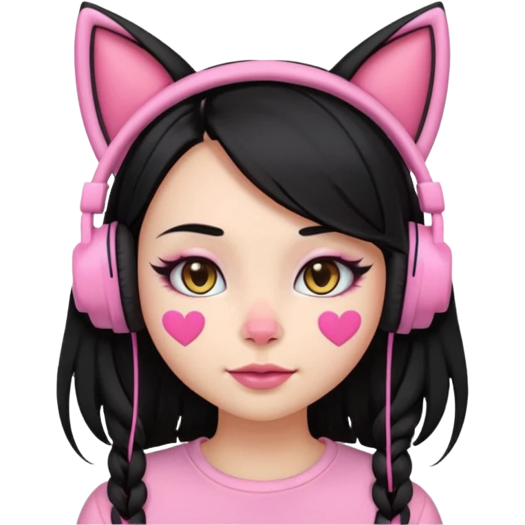 “Emoji girl, pastel pink streaks in thick long black hair hair, bold winged eyeliner, heavy blush on cheeks and nose bridge, under-eye hearts, glossy pink lips, playful smirk and gaming headphones and cat ears.” emoji