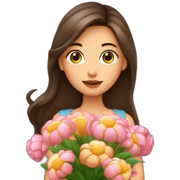 Fille brune aux cheveux longs, avec des yeux marrons foncés, avec un bouquet de fleurs dans les mains emoji