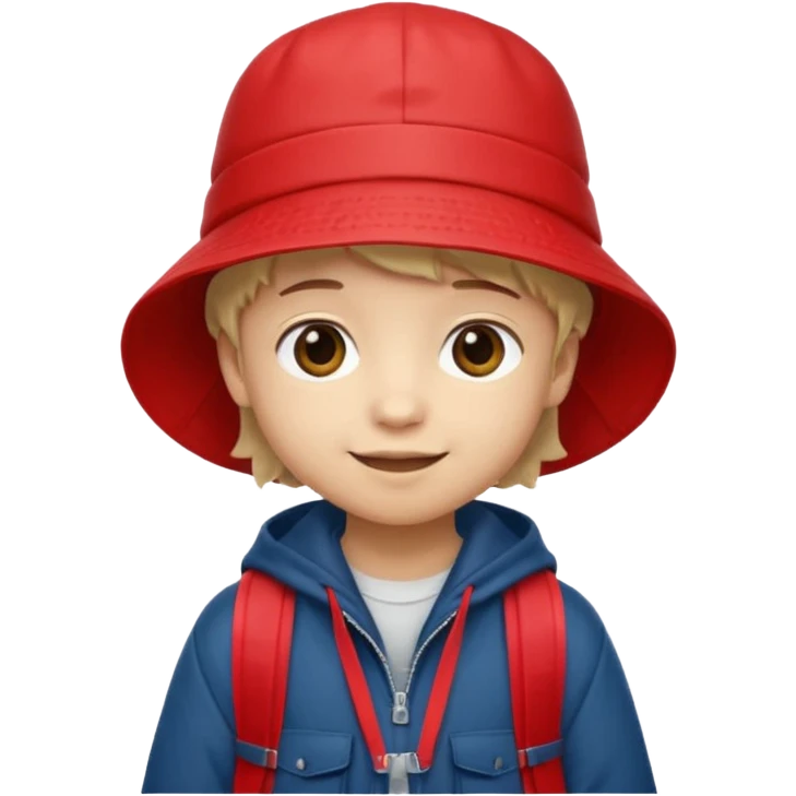 Little student wears red bucket hat and jacket, backpack, shy emoji