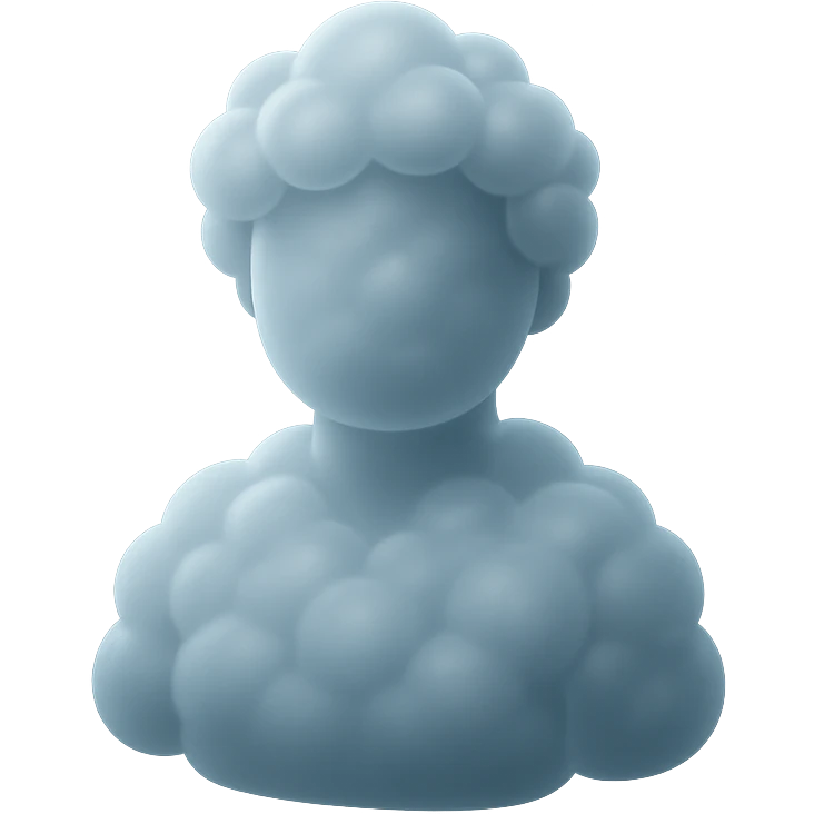 person made entirely of white fluffy convex clouds with slight transparency, shoulder up, front view, matte glass style, no background emoji