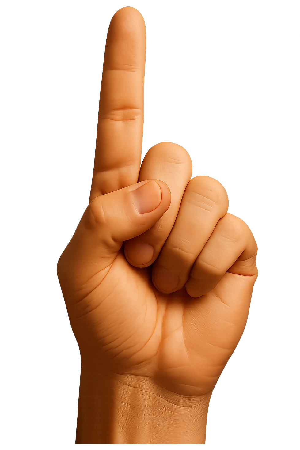 Edit the image to show only one hand, pointing upwards with the pointer finger extended. The hand should have a realistic skin color and look like a detailed plastic figurine's hand. The image should be extremely high quality and detailed with no background. emoji