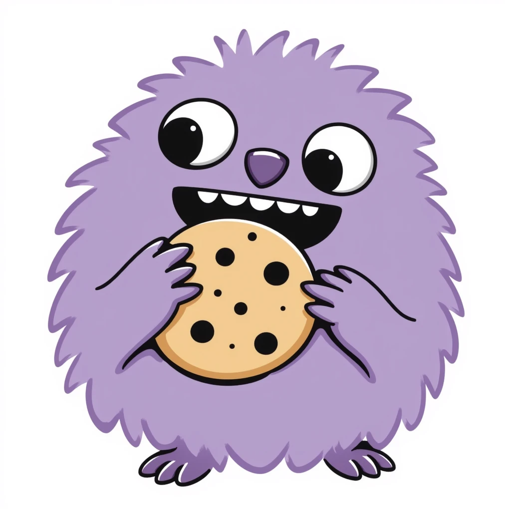 a round, extra cute purple fluffy monster eating a cookie, hand drawn doodle style emoji