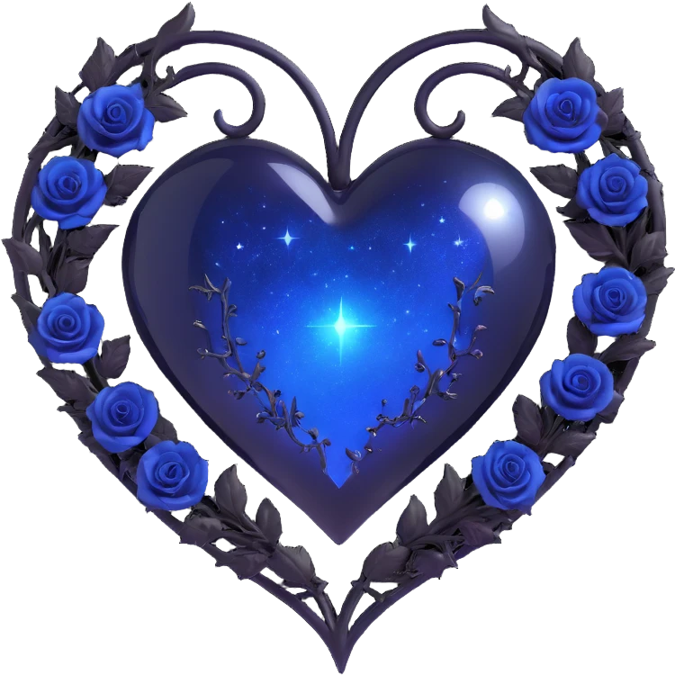 gothic heart made of midnight blue glass with silver crescent moon, tiny black roses, shimmering stardust, misty night sky background, holographic shimmer, glowing blue aura emoji