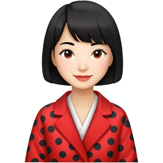 girl with black bob-cut hair, black and red dotted coat, Chinese appearance, smiling, masseuse look emoji
