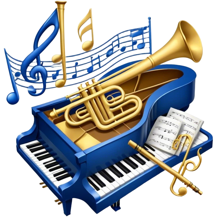 Create an elegant and refined emoji that represents orchestration and arrangement. The design should feature a musical score or sheet music with various orchestral instruments like a violin, a trumpet, and a grand piano subtly integrated into the composition. Add a conductor's baton, symbolizing the guiding hand of orchestration, and flowing musical notes that move between the instruments. Use rich, classic colors like gold, silver, and deep blue to evoke the sophistication of orchestral music. The background should be transparent, with a touch of intricate details to represent the complexity of orchestration. emoji