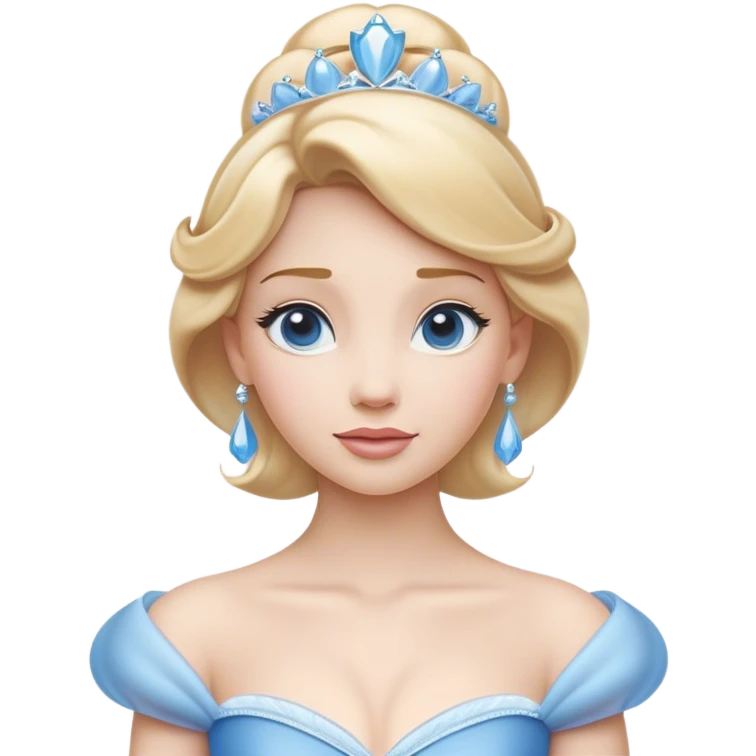 Cinematic Elegant Cinderella Portrait Emoji, rendered in a cinematic, vector-style with minimal shading and bold, simplified shapes. Depict Cinderella in her classic ball gown (chest and above) with fair, porcelain skin and elegantly styled blonde hair, her eyes soft and kind, and her expression serene and graceful. The design glows with a gentle, enchanting radiance and high shine, capturing the timeless beauty of a fairy tale princess. emoji