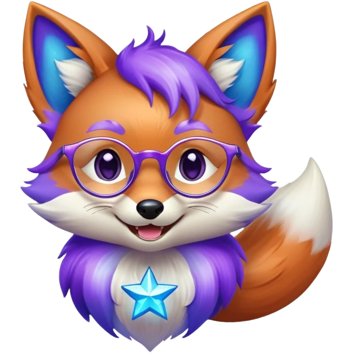A magical fox with shimmering purple and blue fur, a glowing tail, a silver star on its forehead, and round glasses, laughing so hard that tears are streaming from its eyes emoji