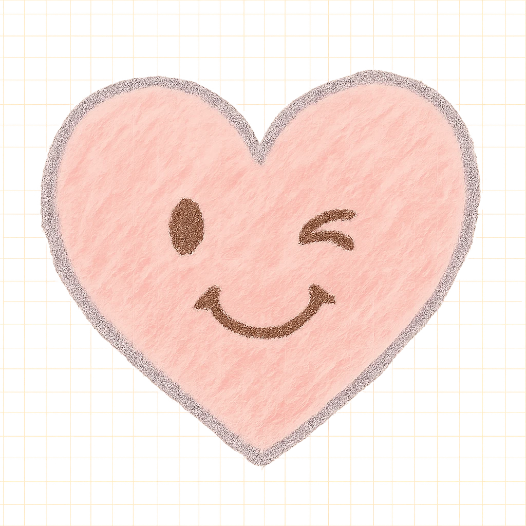 funny children's drawing of a heart with a winking face, pastel colors emoji