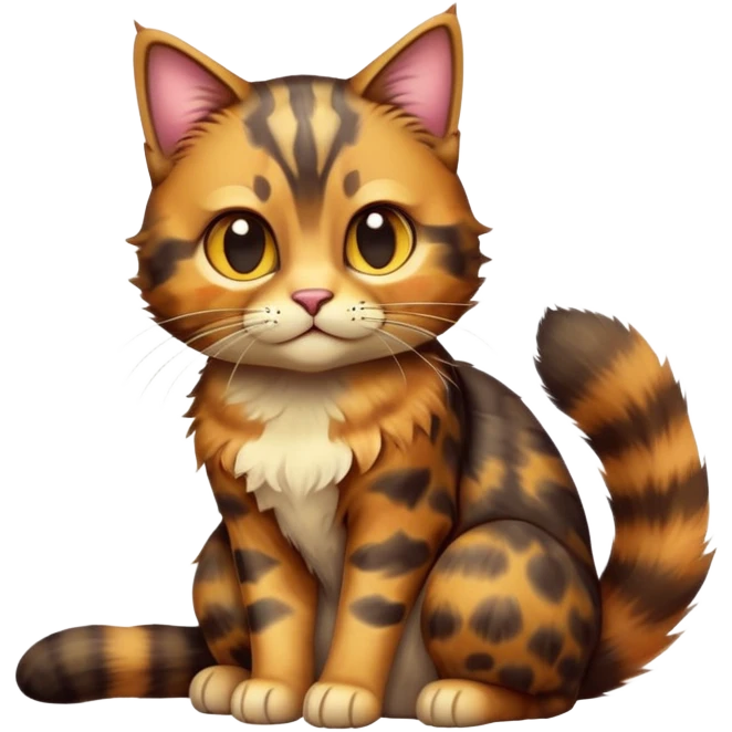 cinematic-[tortoiseshell tabby cat]-realistic-full-body-sitting-emoji,-tail-curled-playfully-around-its-paws,-head-tilted-dramatically,-scruffy-[tortoiseshell coloured]-fur,-simplified-yet-realistic-focused-features,-highly-detailed,-glowing-with-an-almost-sarcastic-glow emoji