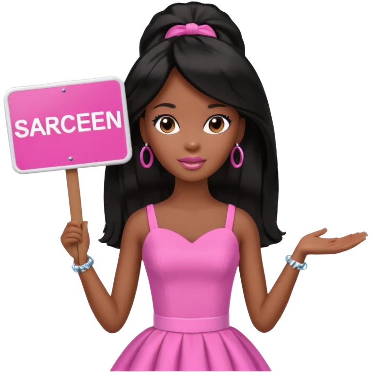 Black barbie, long black  hair, pink dress holding sign, that says "tap screen" emoji