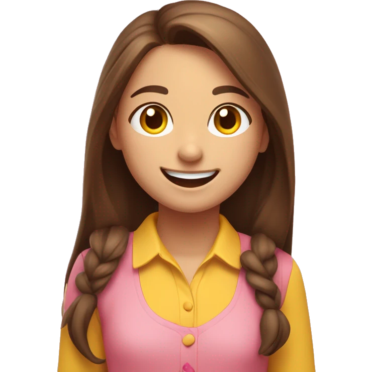 A happy animated girl with long brown hair and a yellow-collared shirt joyfully smiles alongside a cheerful emoji on a pink background. emoji