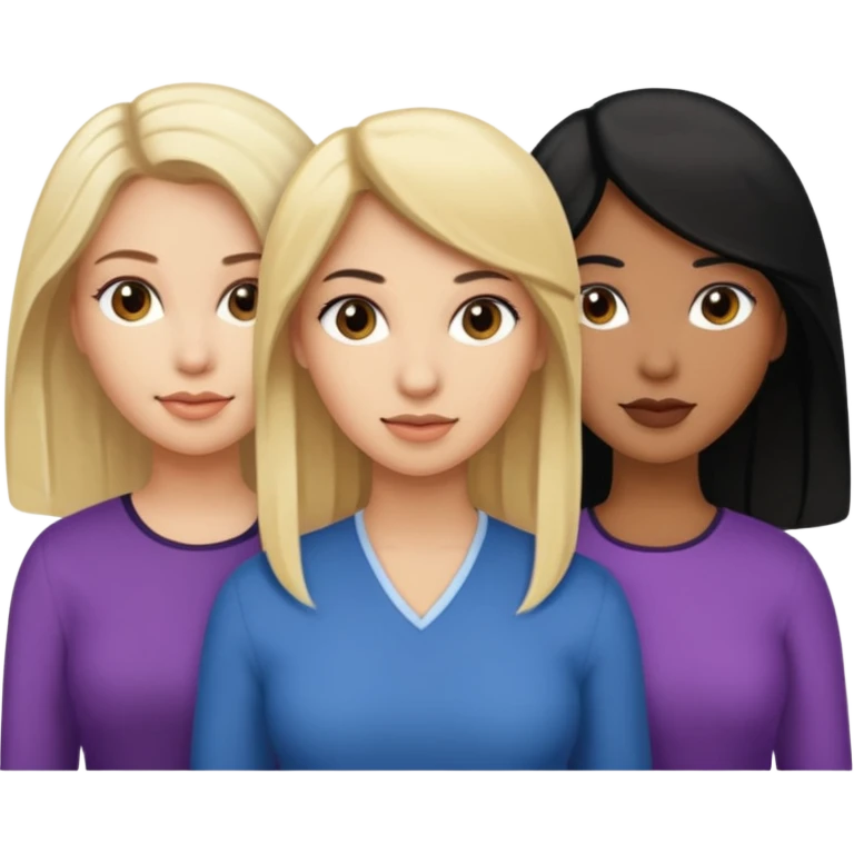 3 women emojis, Caucasian woman with blonde hair, Brown skin woman with black hair, Caucasian women with brown hair emoji