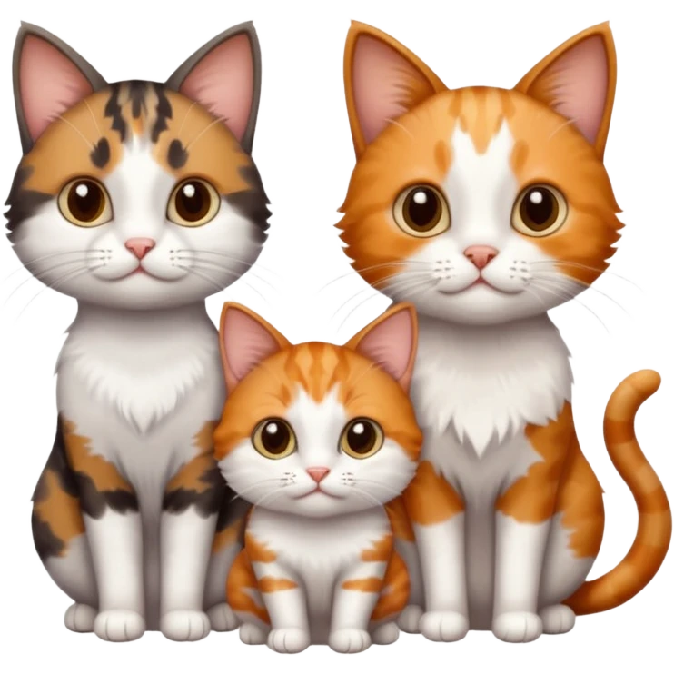 3 different coloured small cats including a dark brown tabby and white, and a patchy calico, and a ginger and white emoji