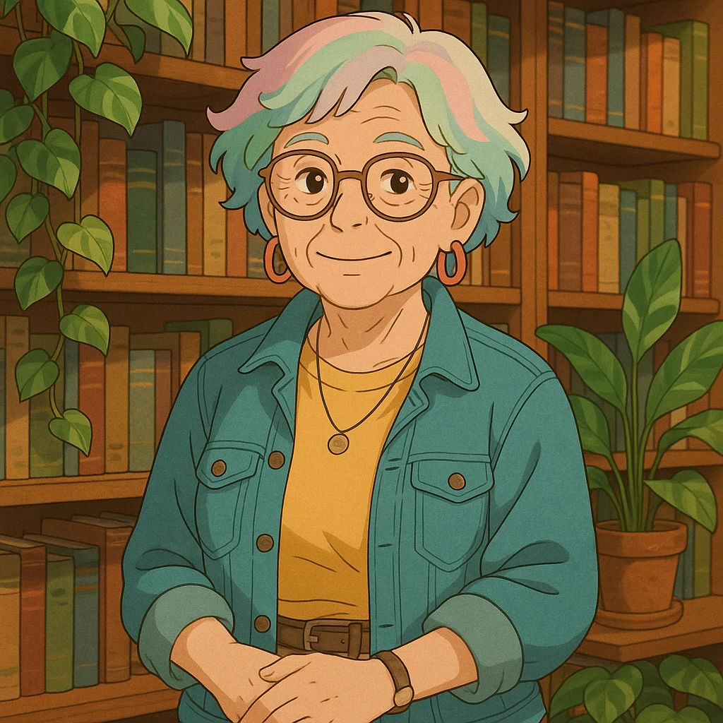 Gen Z librarian granny with pastel hair, hip clothing, surrounded by books and plants, warm expression, ghibli style emoji
