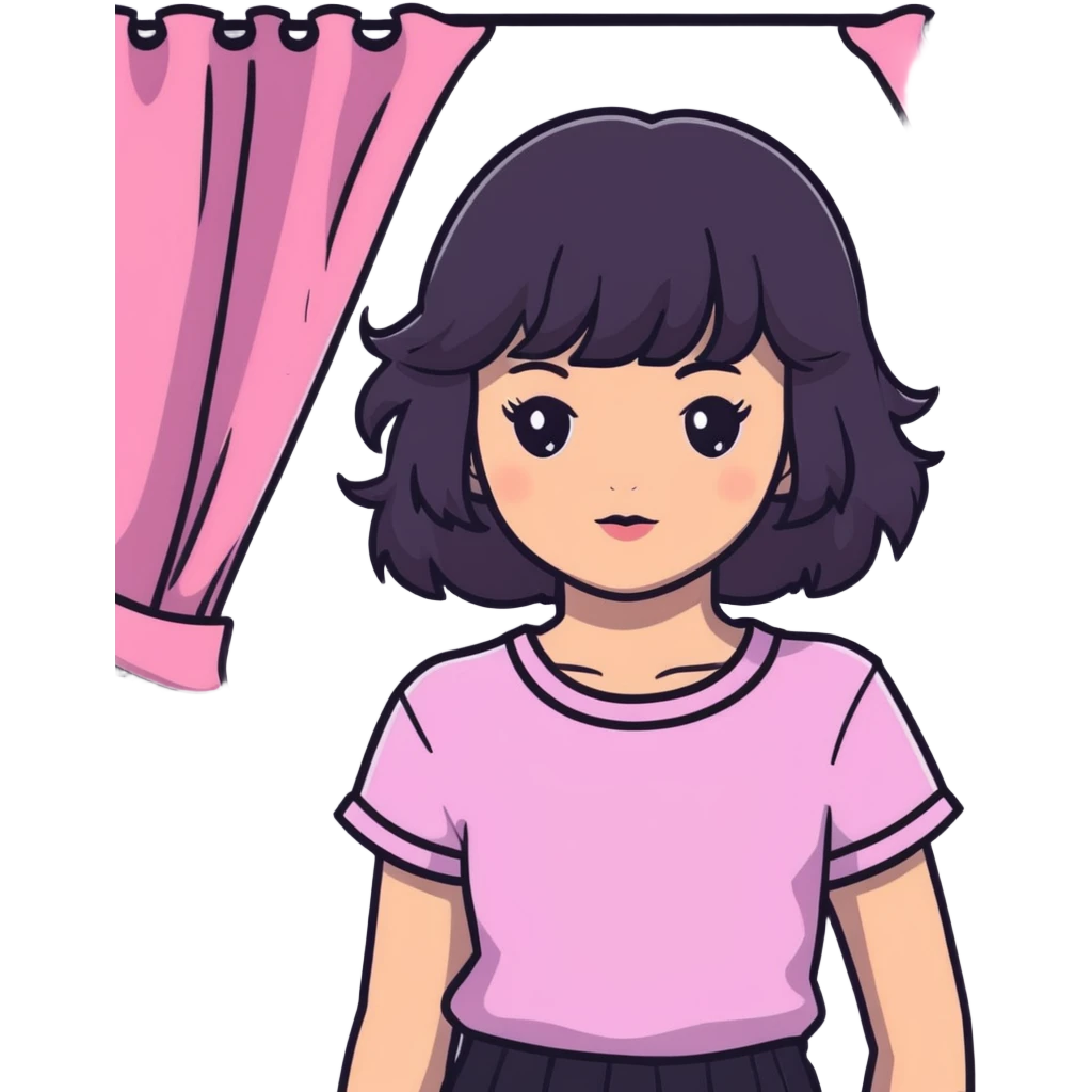 White girl with chest length black wavy hair with curtain bangs, gray eyes, wearing a pink top emoji