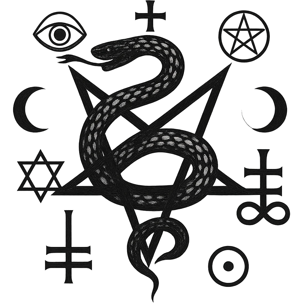 Add more occult symbols to Lucifer's emblem, featuring a serpent coiled around a star, mysterious and powerful. The emblem should have a transparent background. emoji