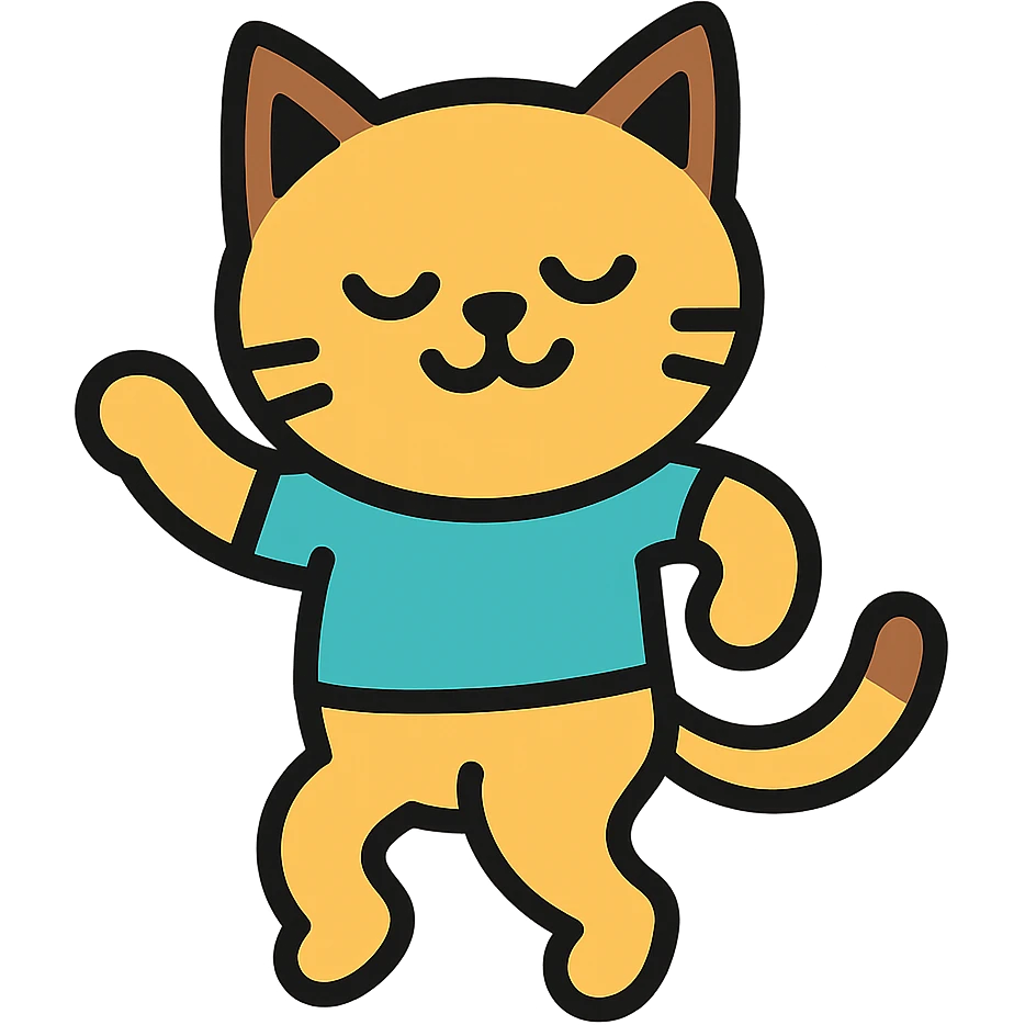 dancing cat, colorful icon, black outlines, modern style emoji