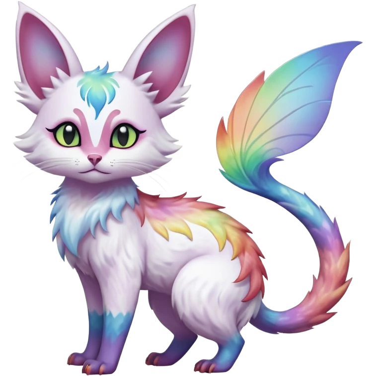 Pure-snow-White albino iridescent with pastel rainbow-gradients-color-markings with swirly patterns butterflies  faerie-Noivern-Noibat-Purloin-Torracat-Lykoi-Caracal-cat-Fakemon-fusion-hybrid-creature emoji