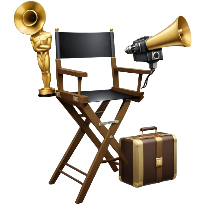 Professional icon for Directing: a collage featuring a director's chair, a film camera, a megaphone and an Oscar trophy. The icon should represent the craft and creativity of film directing, with emphasis on leadership and cinematic artistry. Transparent background. emoji