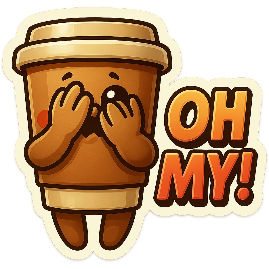 Tall coffee cup, hiding face, peeking through fingers, big "Oh My!" emoji