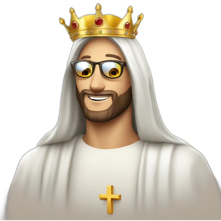 jesus con gafas y una corona haciendo la celebracion de cristiano ronaldo emoji