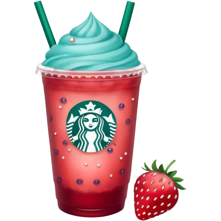 Starbucks summer berry refresher, a teal-blue refresher with strawberry pearls  emoji