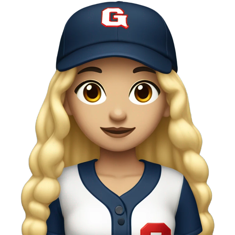Black long hair girl wearing navy ballcap emblazoned with a red G initial and wearing baseball uniform emoji
