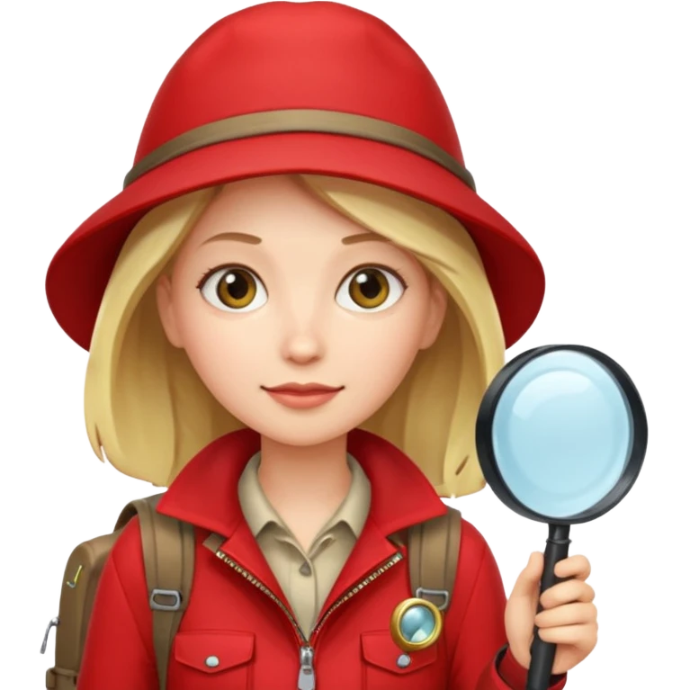 Explorer woman with red jacket backpack and magnifying glass emoji