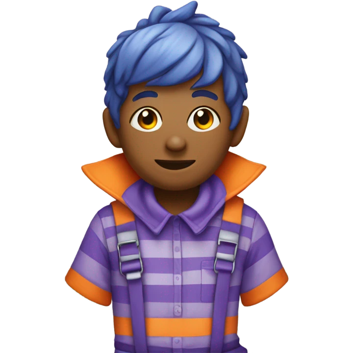 Blue pixie wearing purple overalls over a white and orange striped shirt emoji