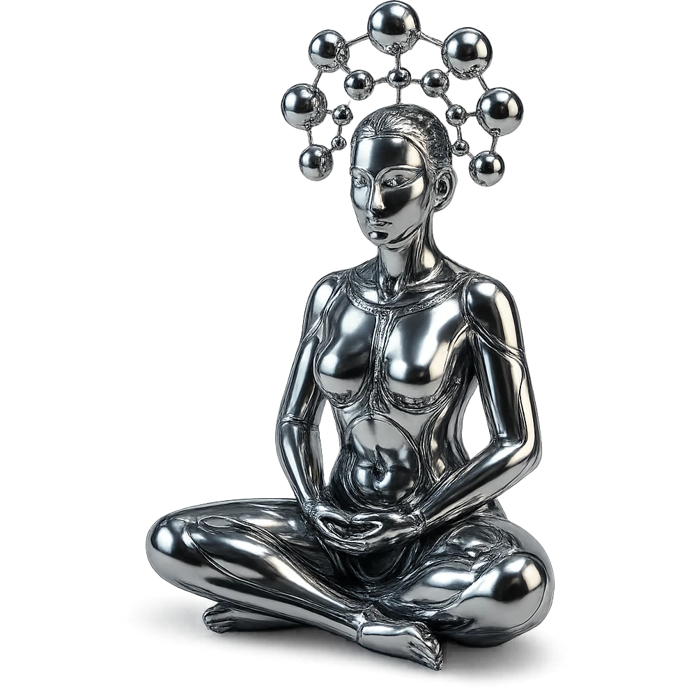 stylized chrome statue of a woman meditating, with a network of chrome orbs suspended above her, futuristic and polished emoji