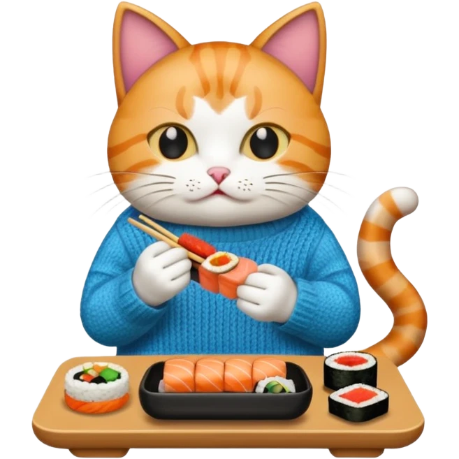 cat wearing a sweater playing video games eating sushi emoji