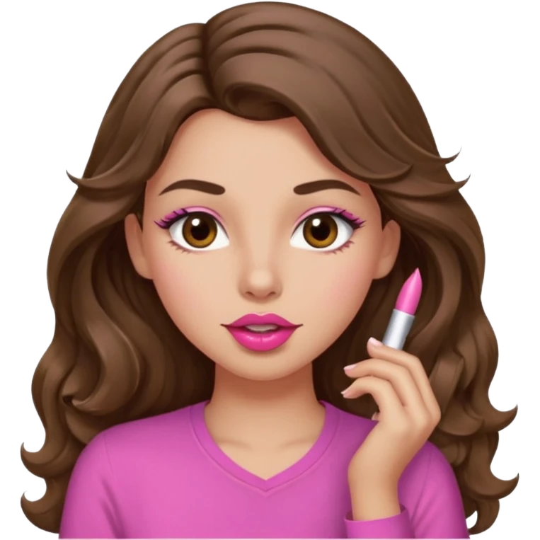 girl with long wavy brown hair, brown eyes, light to medium complexion, in a pink shirt, pink lips, long lashes, puckering lips kissing, winking with one eye emoji