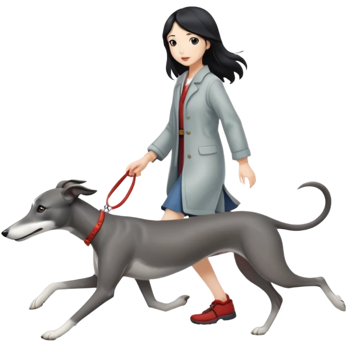 Japanese girl with flowing hair walking a grey greyhound emoji