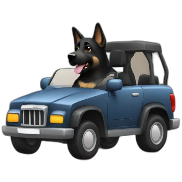 Black German shepherd driving car emoji