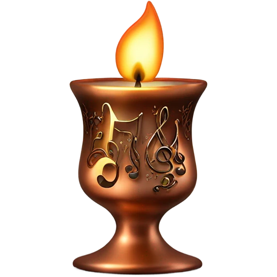 A lit Copper colored glass candle with music notes raising from the smoke emoji