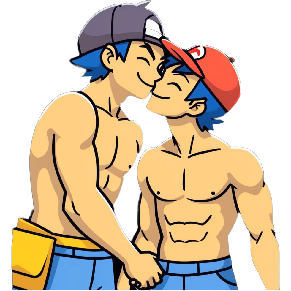 Hot handsomeb muscular 18 year old adult 6ft 5inch tall smiling happy fun shirtless Ash Ketchum in love with friend and kissing him emoji