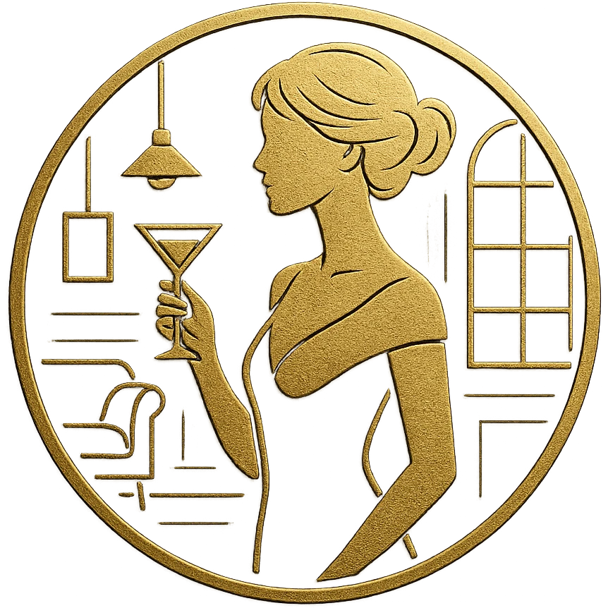 high-end circular logo with a golden silhouette of a woman holding a martini glass, set against a black background with stylish interior elements. Vector-style, clean lines, embossed metallic effect emoji