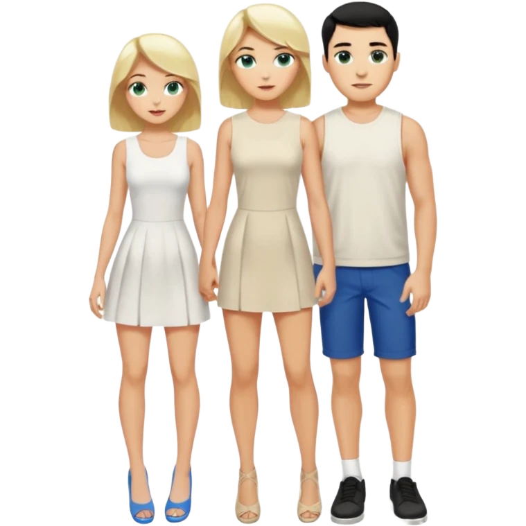 King, black hair, body, legst, blue eyes, shoes, woman blonde hair, green eyes, sexy white short sleveless dress, shoes emoji